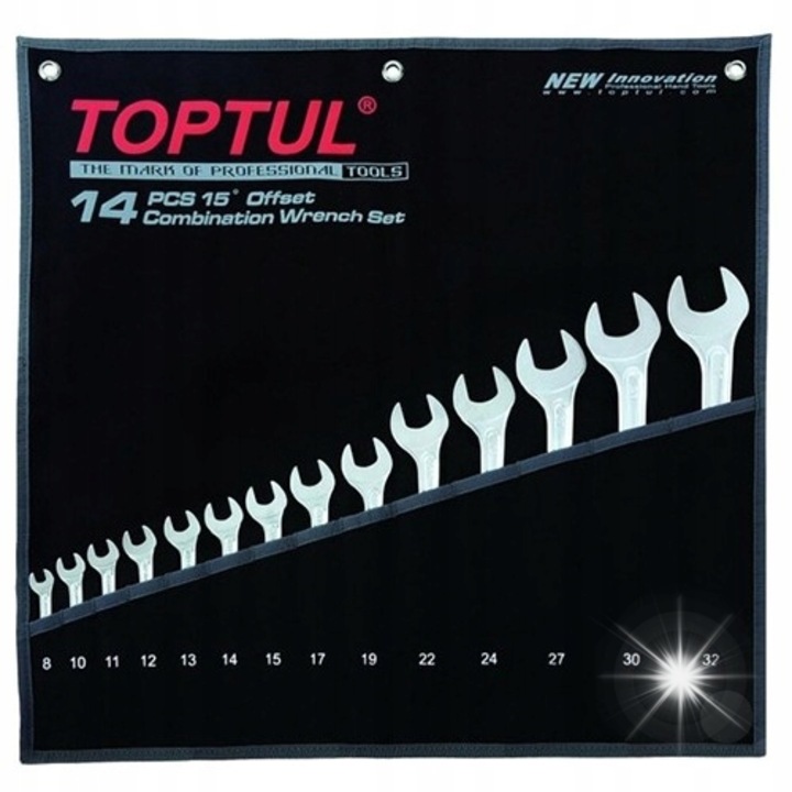 Set chei combinate Toptul GPAX1401, 8-32 mm, unghi 15°, otel crom-vanadiu, argintiu, 14 piese