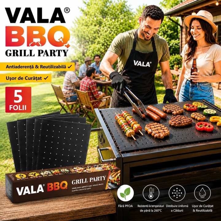 Folie teflon gratar PTFE 40x33cm, VALA® BBQ Grill Party Perforata, antiaderenta, reutilizabila, negru, Set 5buc