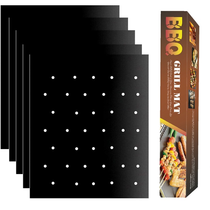 Folie teflon gratar PTFE 40x33cm, VALA® BBQ Grill Party Perforata, antiaderenta, reutilizabila, negru, Set 5buc
