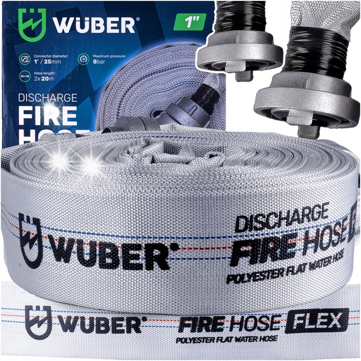 Wuber FAST-FIX tűzoltótömlő, nyomótömlő, FAST-FIX csatlakozóval, átmérő 1"/25mm, max. 8 bar nyomás, fehér, 20m