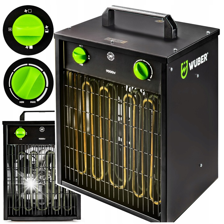 Elektromos fűtőtest Wuber W16016, 3-fázisú 400 V, teljesítmény 9 kW (9000 W), szabályozás 51/4500/9000 W, termosztát, fekete, 325×305×443 mm