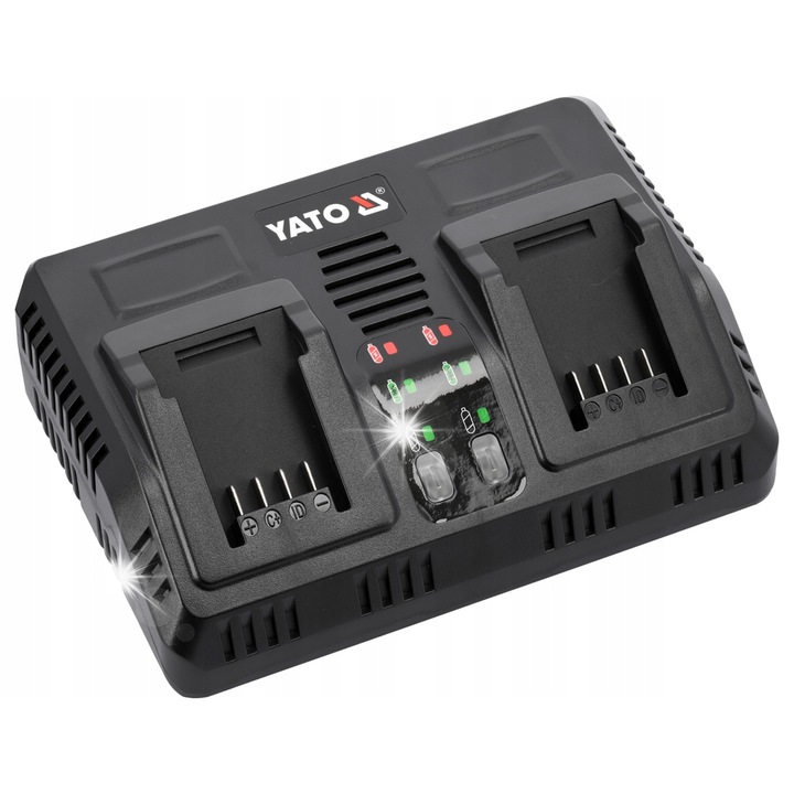 Incarcator dublu Yato YT-828499, compatibil cu acumulatori sistem 18 V, incarcare rapida 2 x 2400 mA, testare temperatura si stare baterie, oprire automata la supraincalzire, negru, 1 buc