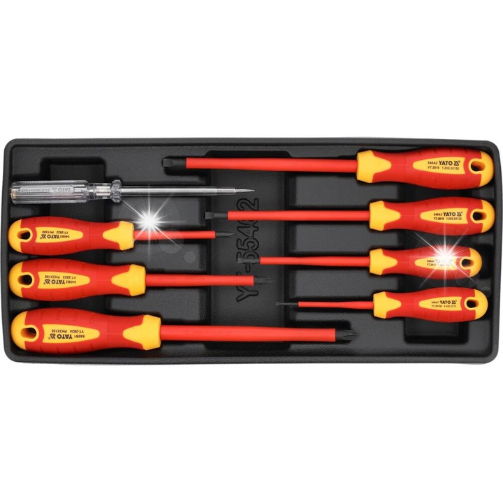 Комплект изолирани отвертки Yato YT-55462, 1000V, с електрическа проба 250V, вложка за чекмедже, червено/жълто, 8 части