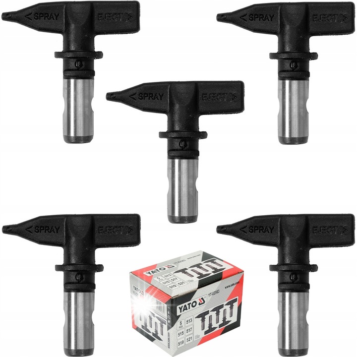 Set 5 duze Yato YT-82563, pentru agregate de vopsit airless, dimensiuni 513/515/517/519/521, racord 1/4", compatibile cu Graco/Titan/Wagner, negru/argintiu