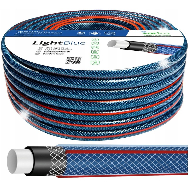 Vartco világoskék kerti tömlő 1008120050, 4 rétegű, UV- és -20/+60°C hőmérsékletálló, 22 bar nyomás, 1/2 hüvelyk, kék, 50 m