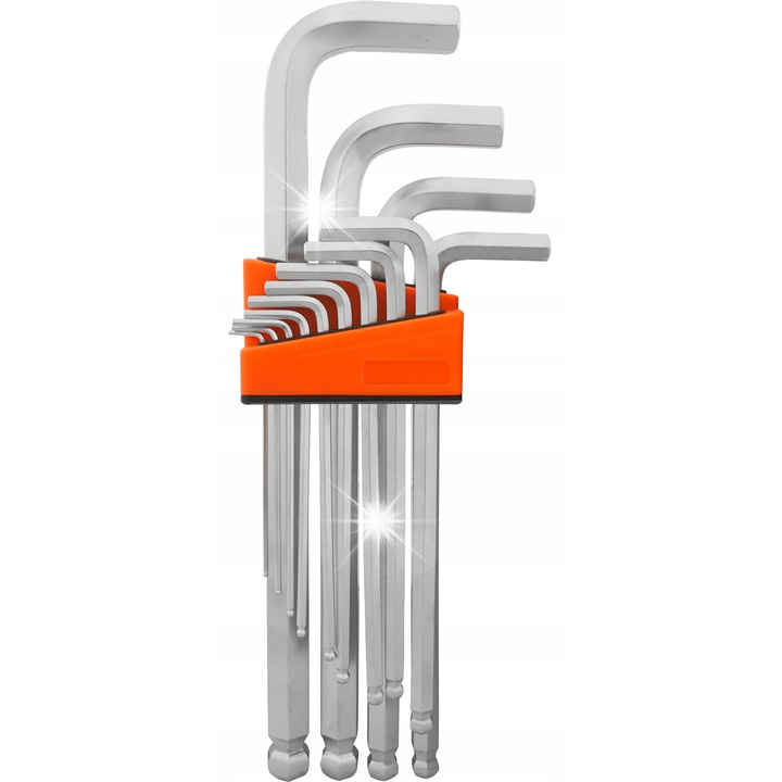 Set chei imbus (allen) Verke V35506, din otel crom-vanadiu CrV, cu varf sferic (ball-end) pentru lucru unghiular, suport plastic practic, argintiu/portocaliu, 13 piese