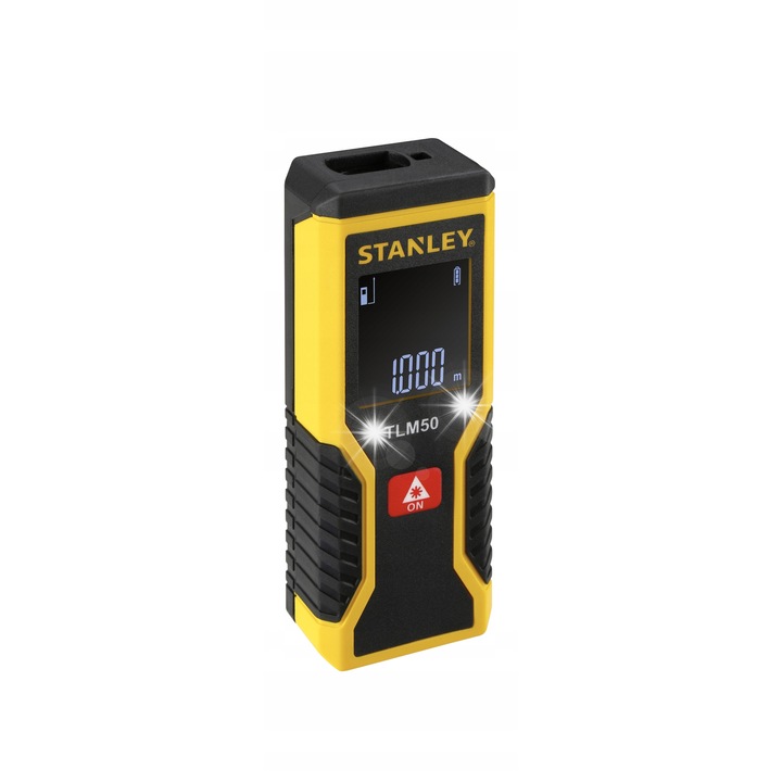Лазерен далекомер Stanley TLM50, до 15м, точност ±3мм, гумиран корпус, осветен дисплей, захранване 2x AAA, жълт/черен, 1 бр.