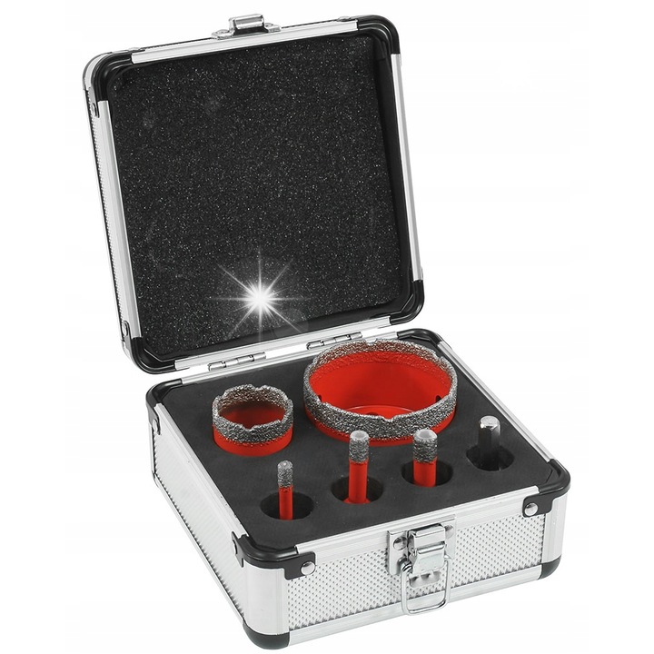 Set coroane diamantate Verke pentru gresie, glazura si piatra naturala, diametre 6-68 mm, cu filet M14, adaptor HEX si valiza, rosu, 6 piese