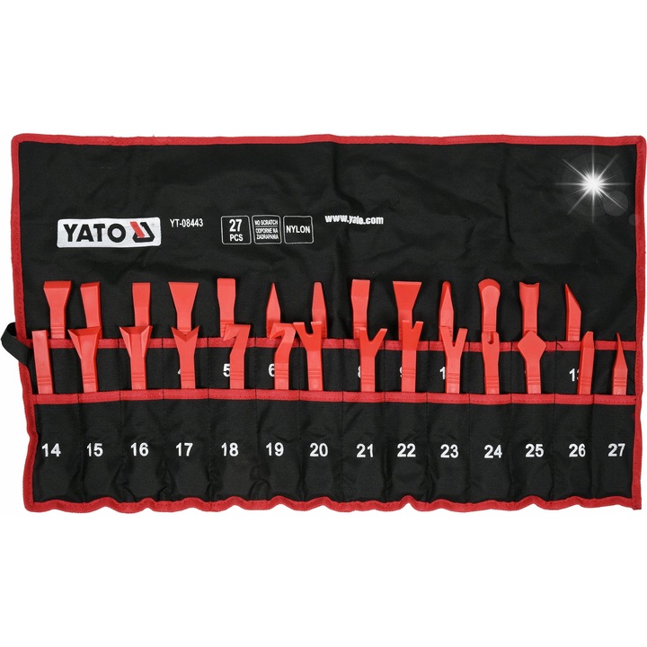 Set scule demontare tapiterie Yato YT-08443, din nylon, rezistente la zgarieturi, rosu/negru, 27 piese
