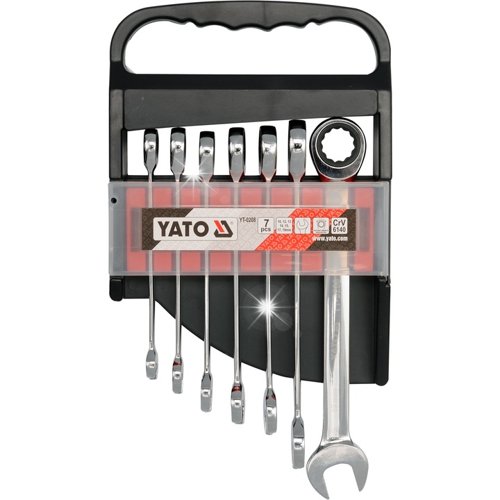 Set chei combinate Yato YT-0208, cu clichet 72T, din otel CrV6140, cromate, 10-19 mm, 7 buc