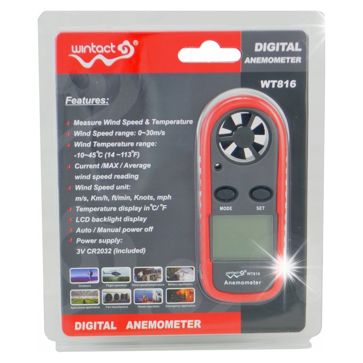 Anemometru Wintact WT816, viteza si temperatura, 108x44x21mm