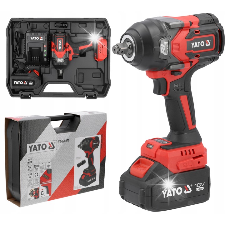 Cheie cu impact Yato YT-828071 fara perii, 18V 4Ah, 1/2" (12.7 mm) 1200 Nm, cu adaptor 1/4", rosu/negru, 1 set