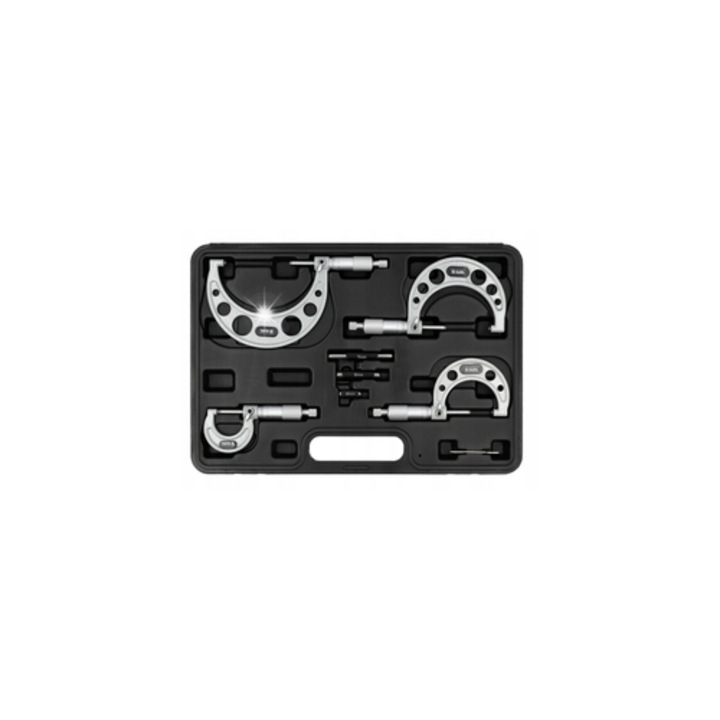 Set micrometre Yato YT-72304, externe 0-100 mm, cu cutie de transport, argintiu/negru, 4 bucati