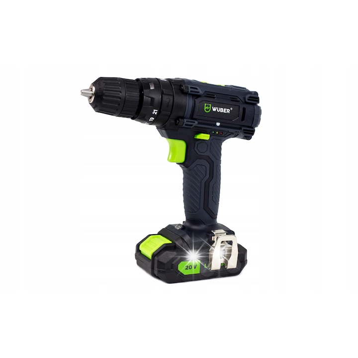 Акумулаторна бормашина-отвертка Wuber WR-CD-20V, 20V Li-ion, 2x батерии 2000 mAh, с функция за ударно пробиване и LED, черен/зелен