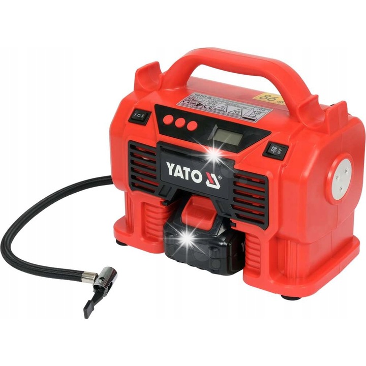Compresor fara ulei Yato YT-23247, acumulator 18 V Li-Ion 3 Ah, 11 bar, 21 l/min, include incarcator 220V/12V si accesorii, Rosu, 1 buc