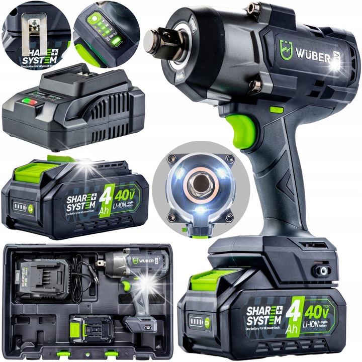 Set cheie cu impact cu acumulator Wuber W04605, 40V 2000 Nm, fara perii, axa 3/4'', baterie 4.0 Ah, valiza, incarcator, negru/verde, 1 set