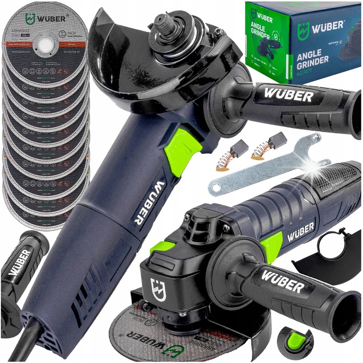 Polizor unghiular / flex Wuber W27471 1500W, 125mm, 11000 rpm, 10 discuri taietoare incluse, M14, negru/verde, 1 buc