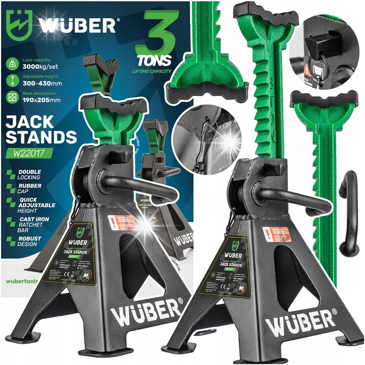 Wuber W22017 emelőbakok (bakok), 3 t teherbírás, Q345 acél, állítható 300-430 mm, gumisapkák, fekete, 2 darab