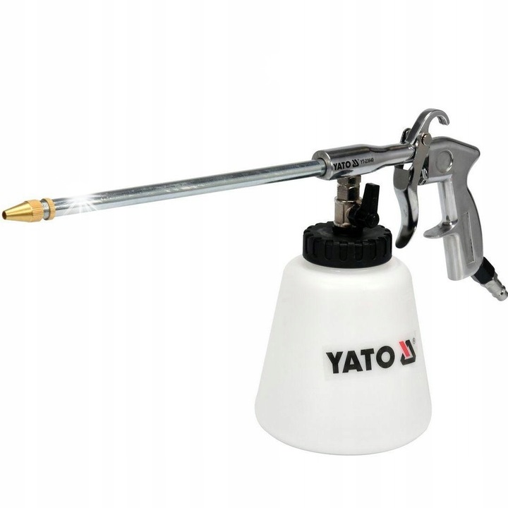 Pistol pneumatic pentru spuma Yato YT-23640, din aluminiu, cu rezervor detergent 1 L, duza 220 mm, presiune maxima 6,2 bar, alb/argintiu