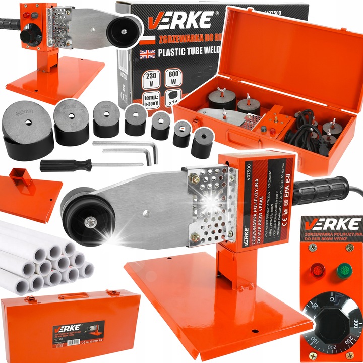 Verke V07500 polifúziós csőhegesztő gép, 800W, hőmérséklet szabályozás 0-300°C, 7 teflon bevonatú matrica 16-63 mm, fém tok, narancssárga, szett