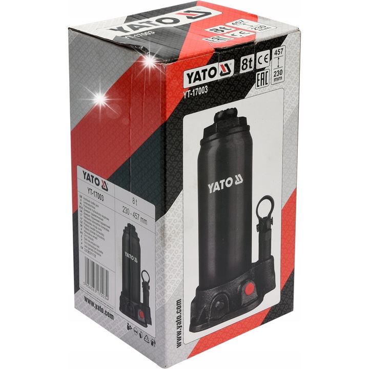 Cric hidraulic tip stalp Yato YT-17003, cric cu piston, capacitate 8 t, ridicare 230-457 mm, negru, 1 buc.