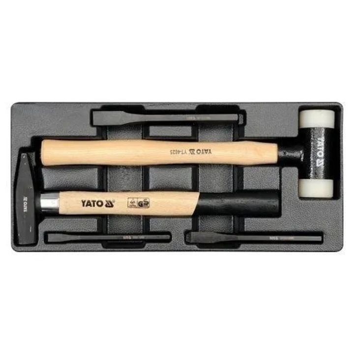 Yato YT-5540 fiókbetét, készlet visszarúgásmentes kalapáccsal O40 mm, lakatos kalapács 300 g, vésők 10x8x142 mm, 12x10x152 mm, 16x13x172 mm, fekete/barna, 5 darab