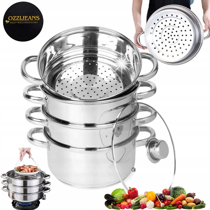 Zilner edénykészlet, gőzöléshez, rozsdamentes acél, üvegfedő nyílással, indukciós/gáz/kerámia/elektromos tűzhelyhez kompatibilis, 24 cm 6 L, ezüst, 5 részes