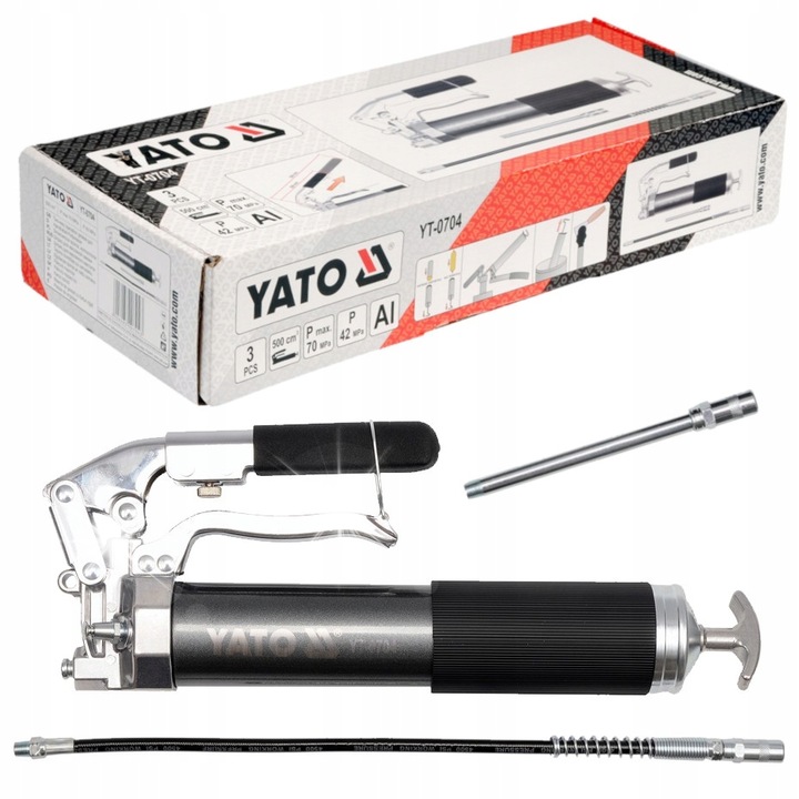 Пистолет за гресиране Yato YT-0704, ръчна алуминиева помпа, максимално налягане 70 MPa, 2 накрайника (твърд и гъвкав), черен/сребрист, 500мл