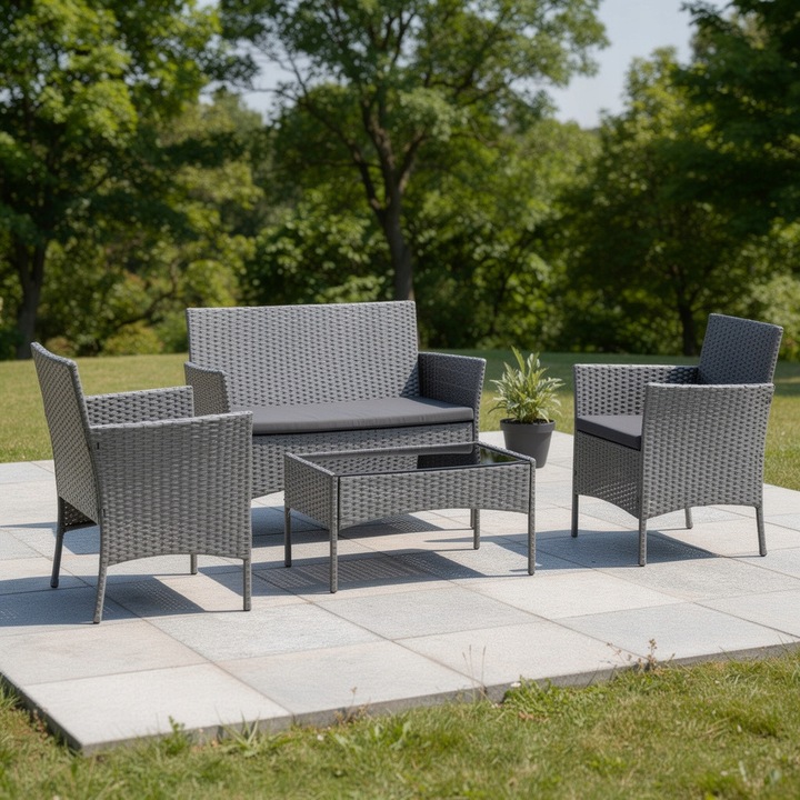 Set mobilier de gradina Technorattan MTG, set de terasa, cu blat din sticla calita neagra, perne hidrorepelente, gri, 4 locuri