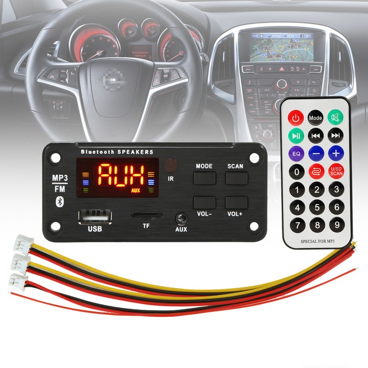 Chucai Bluetooth 5.0 modul, MP3 dekóder, FM rádió, USB, microSD, színes kijelző, 92x41mm, fekete