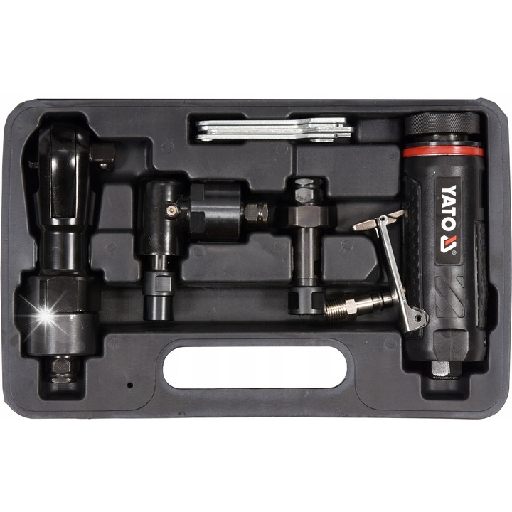 Yato YT-09860 3 az 1-ben pneumatikus készlet, multifunkcionális készlet cserélhető fejekkel, maximális nyomaték 85 Nm, levegőfogyasztás 113 l/perc, fekete, 1 szett