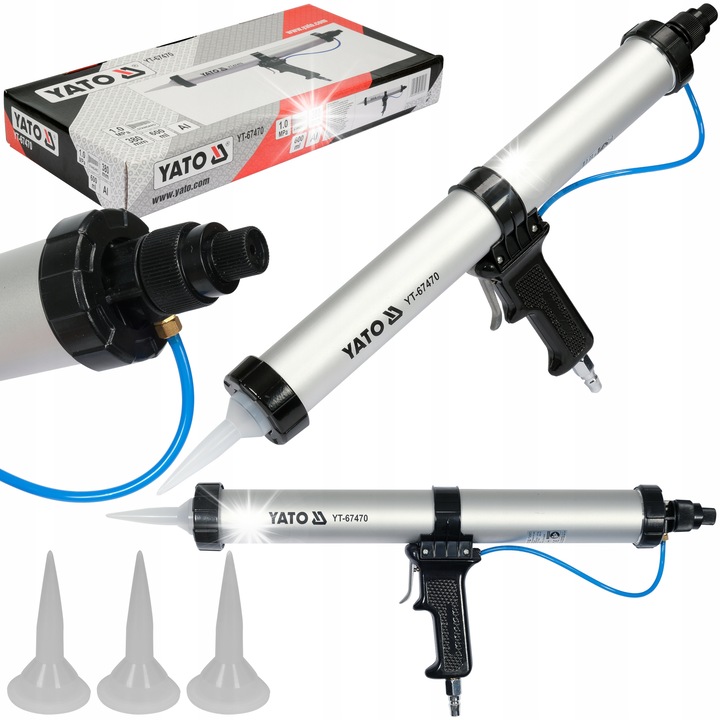 Aplicator pneumatic Yato YT-67470, pistol pneumatic pentru mase dense (silicon, adezivi), corp din aluminiu, 600 ml, argintiu