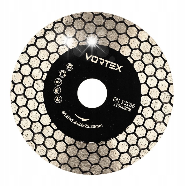 Disc diamantat Vortex Honeycomb 125 mm pentru taiere si fazare 45°, strat diamantat 25 mm, negru/argintiu, 1 buc.