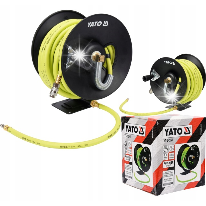 Furtun pneumatic pe tambur Yato YT-24241, hibrid, rezistent la abraziune si la agenti chimici, galben, 15 m, O 9,5 mm, racord 1/4