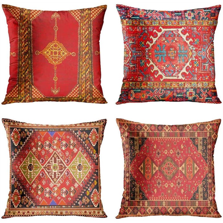Fata de perna/husa pernuta din in tesut, stil persan etnic oriental, cu fermoar invizibil, imprimeu rezistent la decolorare, rosu, set 4 buc., 45 x 45 cm