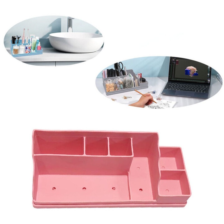 Tava organizator birou, suport birou din abs, capacitate mare, compacta si durabila, pentru birou si baie, roz, 350 x 140 x 110 mm