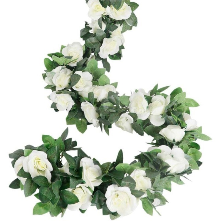 Set 4 ghirlande artificiale trandafiri cu frunze de iedera, flori din matase sintetica, Alb, 4 x 220 cm