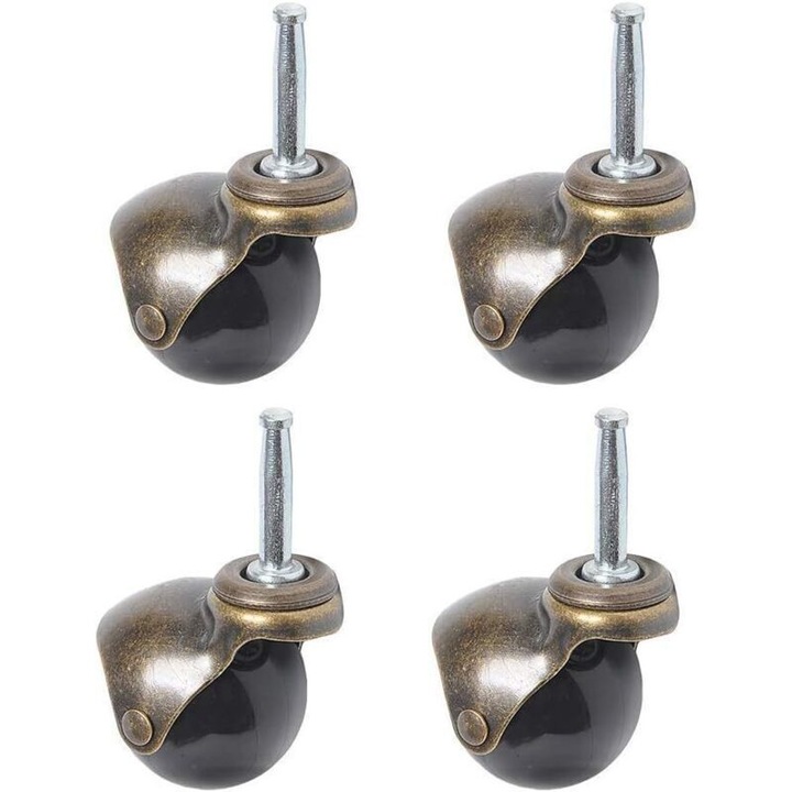 Set 4 roti pivotante cu bila, poliuretan/metal, tija cu inel de prindere 8x38 mm, diametru roata 50 mm, capacitate 30 kg, negru/bronz