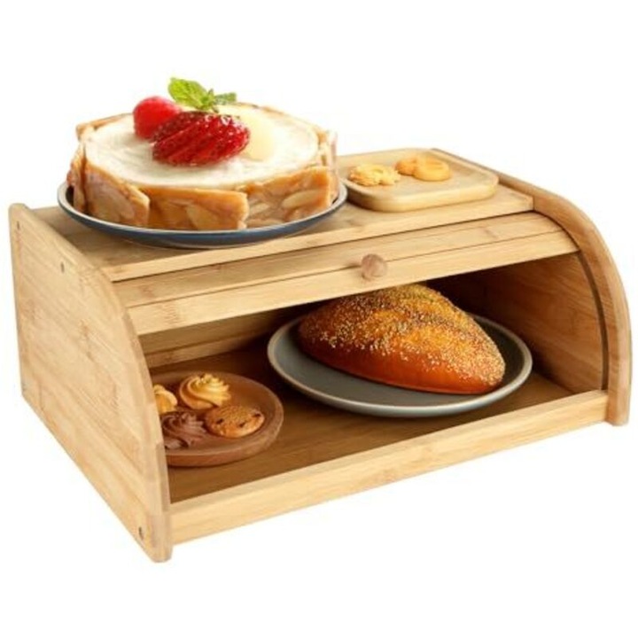 Cutie paine din bambus, 40x27x16.5 cm, cu sertar si capac rulant, maro deschis