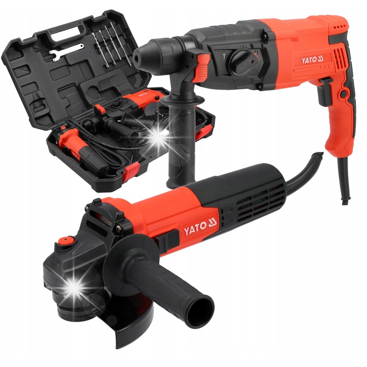 Set scule electrice Yato YT-821200, ciocan rotopercutor cu SDS Plus 900 W, energie de impact 3,2 J, polizor unghiular 720 W 125 mm, rosu/negru, 2 piese
