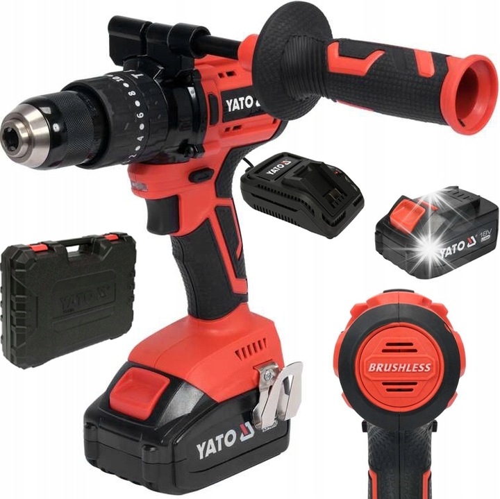 Masina de gaurit cu impact Yato YT-82791 fara perii 18V 75Nm 2x3Ah, negru, 1.4kg, valiza