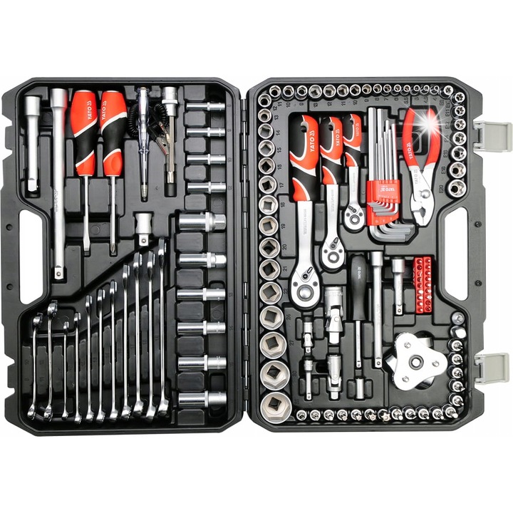 Set chei tubulare Yato YT-38875, trusa de scule, din otel CrV 50BV30, cu sistem AS-Drive si clichete 72 dinti, pentru 1/4-3/8-1/2, negru/rosu, 126 piese