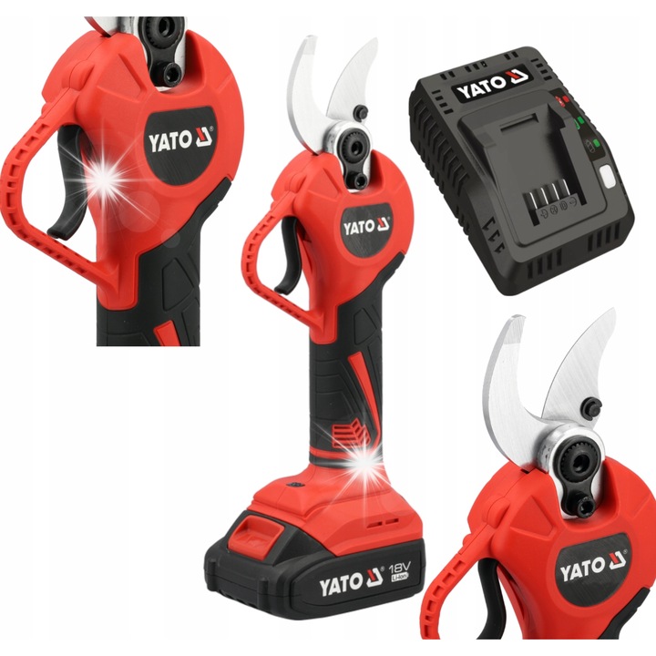 Foarfeca cu acumulator Yato, motor fara perii brushless, 18V, baterie 2Ah Li‑ion, incarcator inclus, reglaj taiere, Rosu/Negru, 1 set