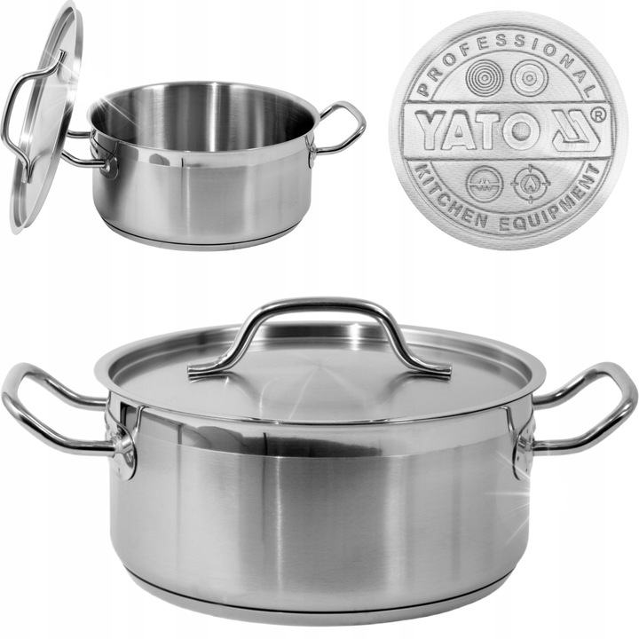 Oala joasa Yato GRD YG-00041 din otel inoxidabil 21/0, fund capsulat triplustrat, capac inclus si manere care nu se incalzesc, Inox, 5 L (O24 cm, H11 cm)