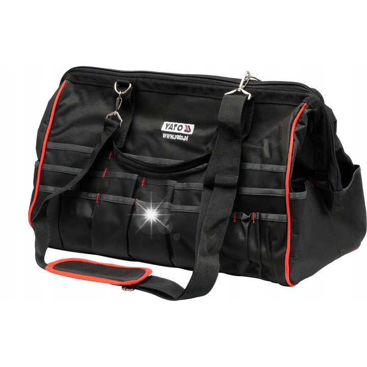 Geanta de scule Yato YT-7430, 50 de buzunare, nylon, rama metalica, fermoar usor, negru/rosu, 49x26x34 cm