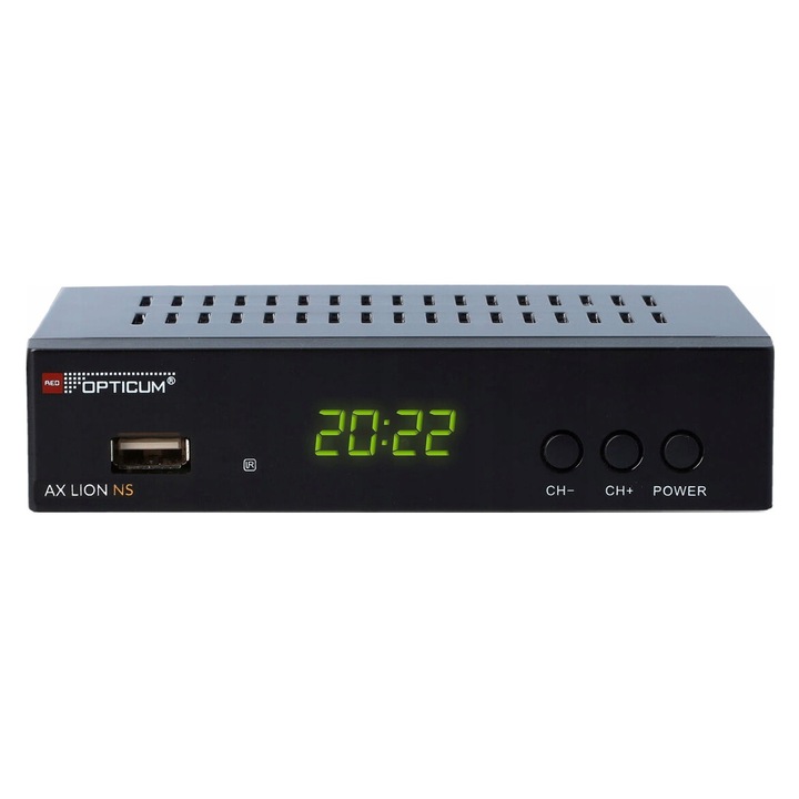 DVB-T2 декодер Opticum AX LION NS, съвместим с HEVC H.265, USB мултимедиен плейър, HDMI и SCART изход, 1080p, черен
