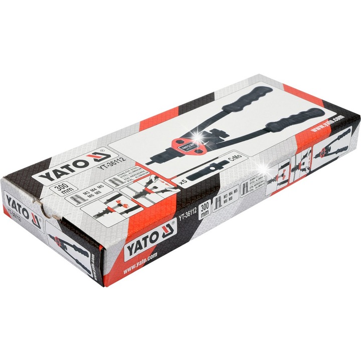 Yato YT-36112 kézi szegecselő menetes anyákhoz, CrMo acélból, csúszásgátló fogantyúkkal, M3-M8 fejek, 300 mm, fekete, 1 db