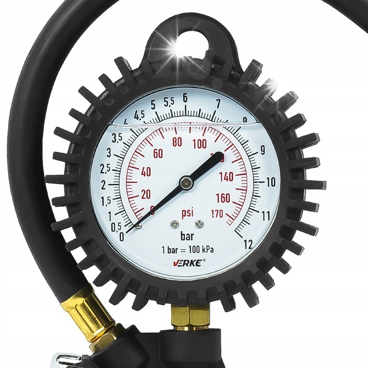 Verke V81267 kerékfújó pisztoly / pumpa, 0-12 bar (0-170 PSI) nyomásmérővel, glicerines nyomásmérővel, alumínium test csúszásgátló fogantyúval, 70 cm tömlő, fekete, 1 db