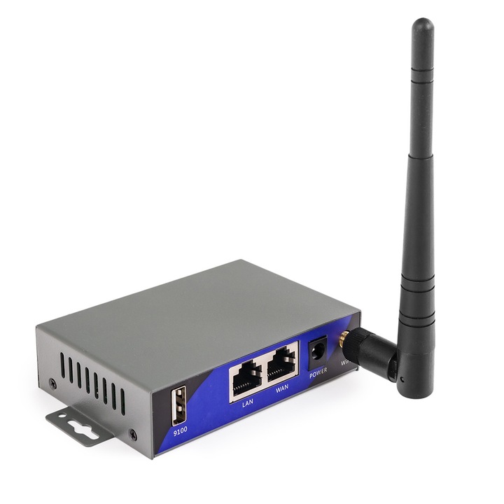 Server de imprimare / print server Spacetronik SPS122, industrial, WiFi client/AP, 1x USB si 1x LAN, compatibil TCP/IP RAW, gri, 7.5-32V