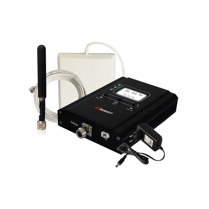 Усилвател на сигнал HiBoost Hi13-EGSM, EGSM 900 MHz за GSM/UMTS, покритие до 300 m2 (до 500 m2 с допълнителна антена), LCD дисплей и автоматичен контрол AGC, Черен, Комплект с антени и кабел 15 м
